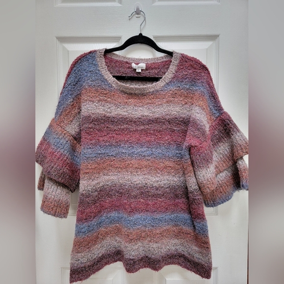 Ponsesa Women's Multicolor Metallic Thread Tiered Bell Sleeve Sweater Size XL - Picture 1 of 4